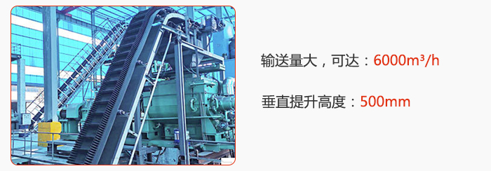 大傾角帶式輸送機(jī)輸送量大，可達(dá)：6000m3/h，垂直提升高度：500mm